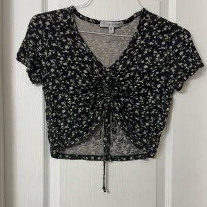 Honey Collection black floral crop top drawstring front tie size M